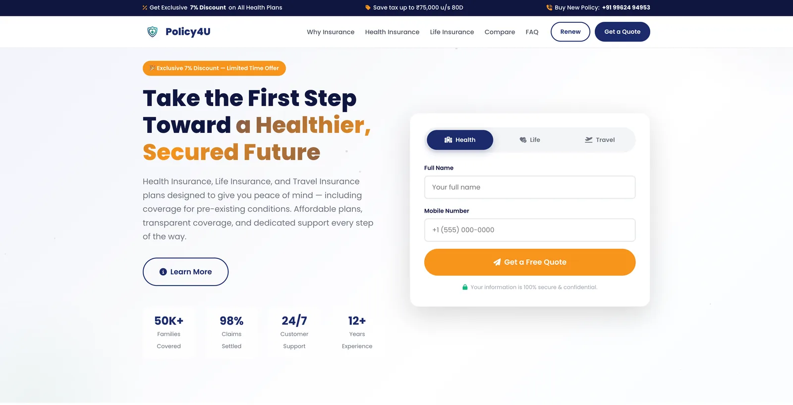 Policy4U website homepage screenshot